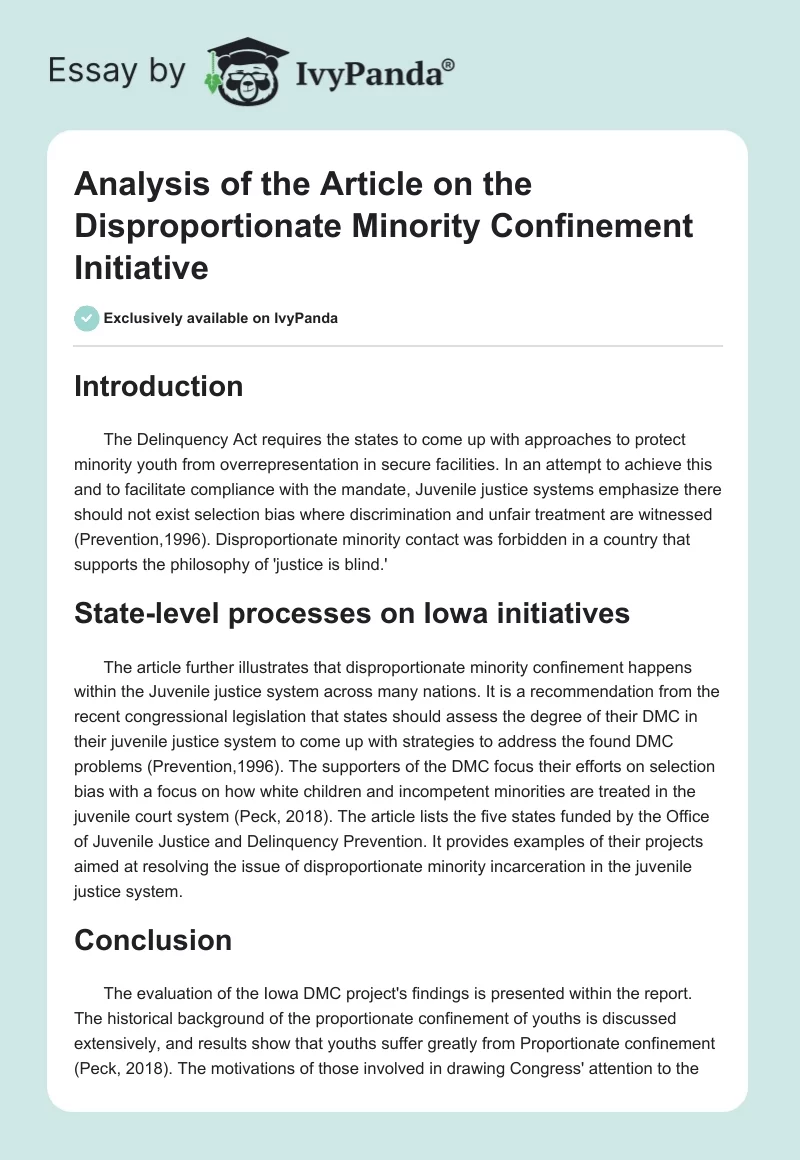 Analysis of the Article on the Disproportionate Minority Confinement Initiative. Page 1