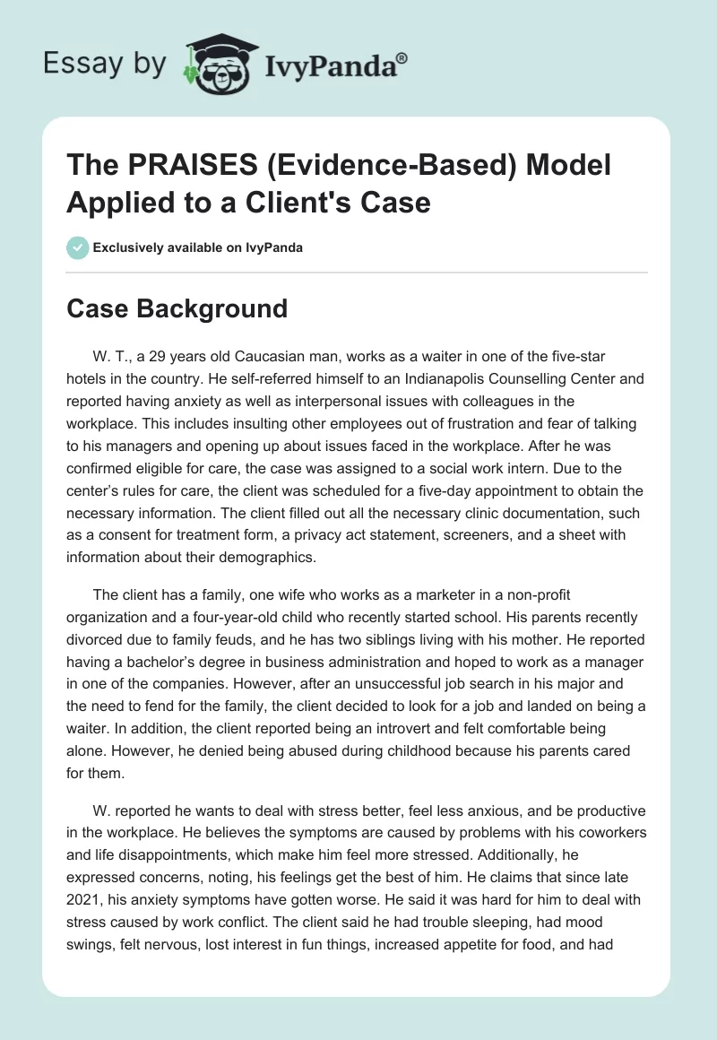 The PRAISES (Evidence-Based) Model Applied to a Client's Case. Page 1