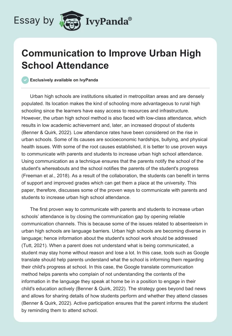 Communication to Improve Urban High School Attendance. Page 1