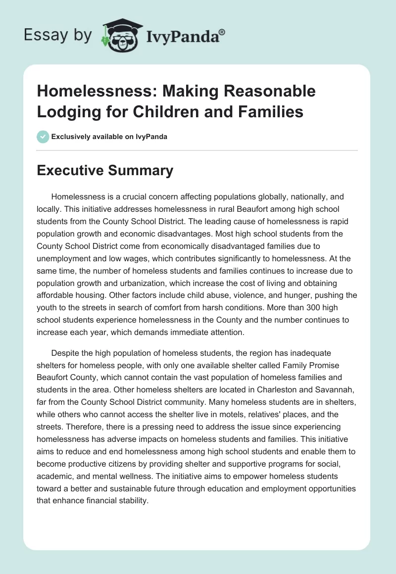 Homelessness: Making Reasonable Lodging for Children and Families. Page 1
