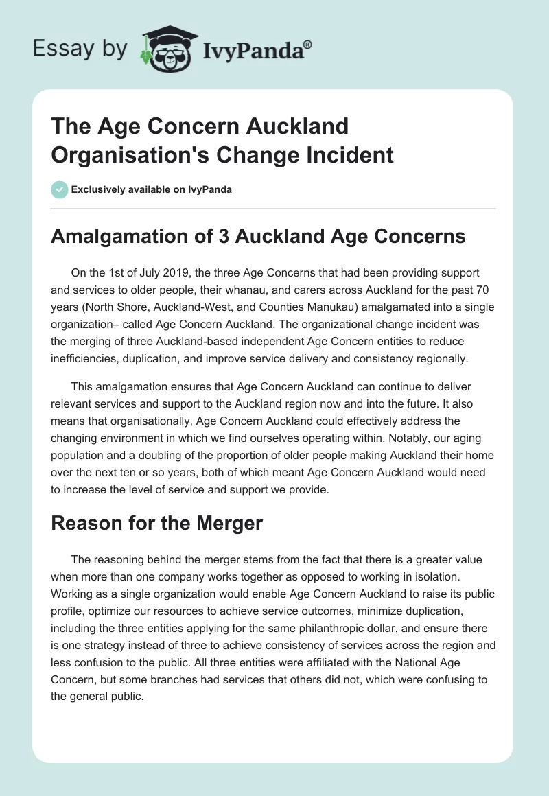 The Age Concern Auckland Organisation's Change Incident. Page 1
