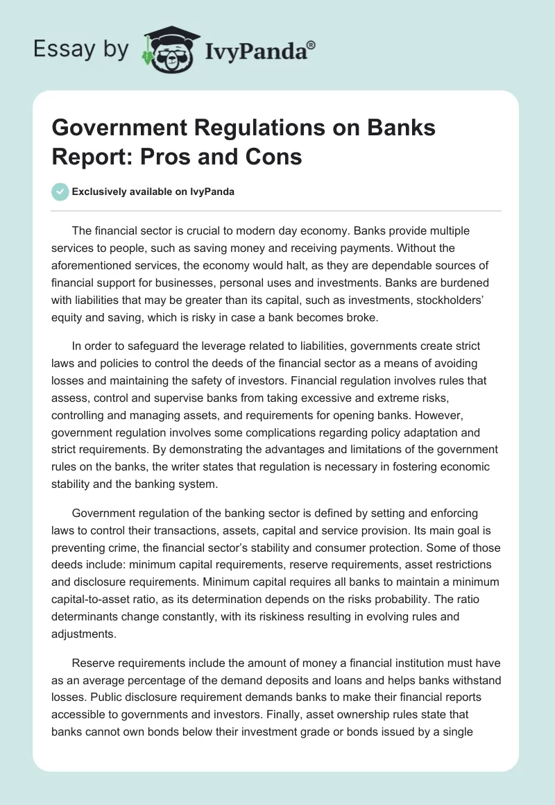 Government Regulations on Banks Report: Pros and Cons. Page 1