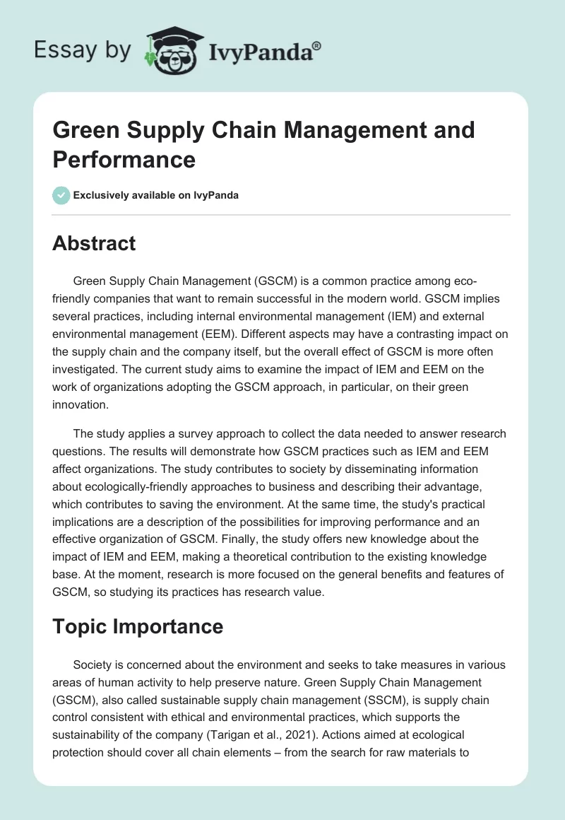 Green Supply Chain Management and Performance. Page 1