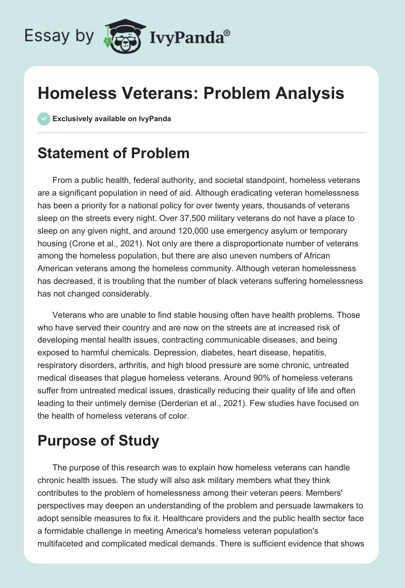 Homeless Veterans: Problem Analysis. Page 1