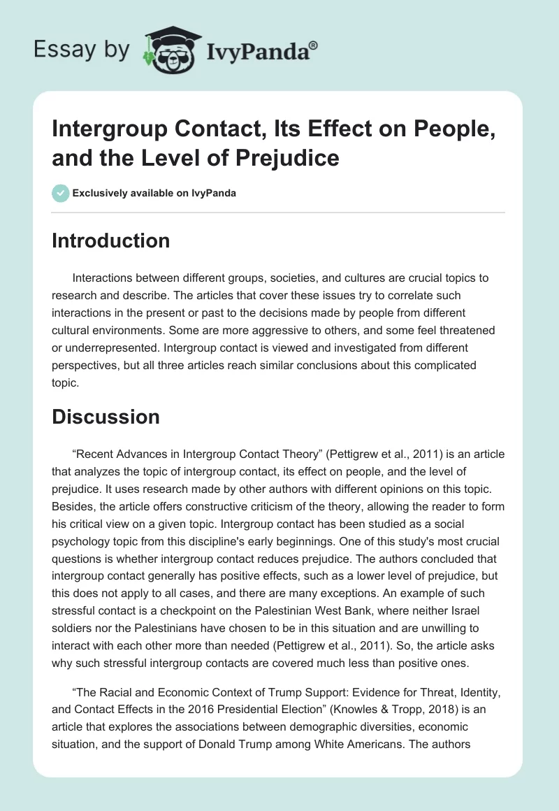 Intergroup Contact, Its Effect on People, and the Level of Prejudice. Page 1
