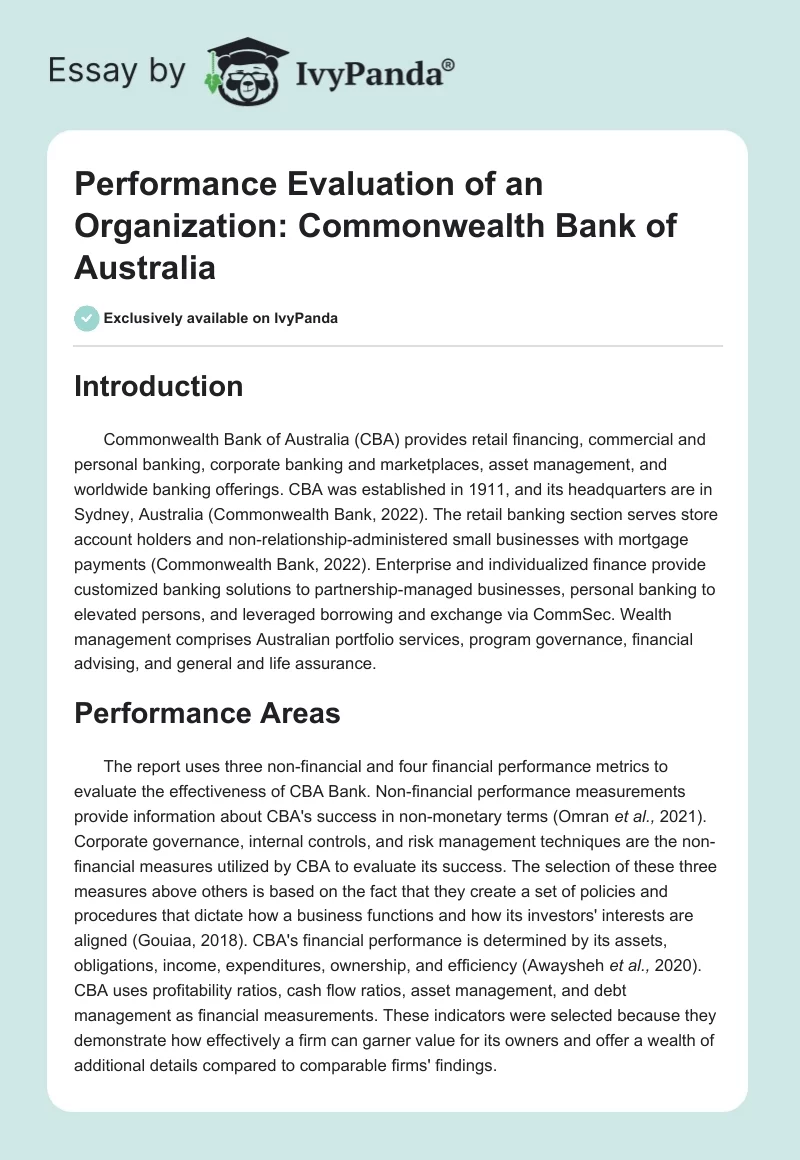 Performance Evaluation of an Organization: Commonwealth Bank of Australia. Page 1