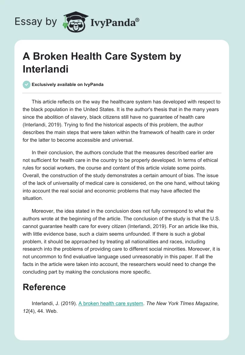 "A Broken Health Care System" by Interlandi. Page 1