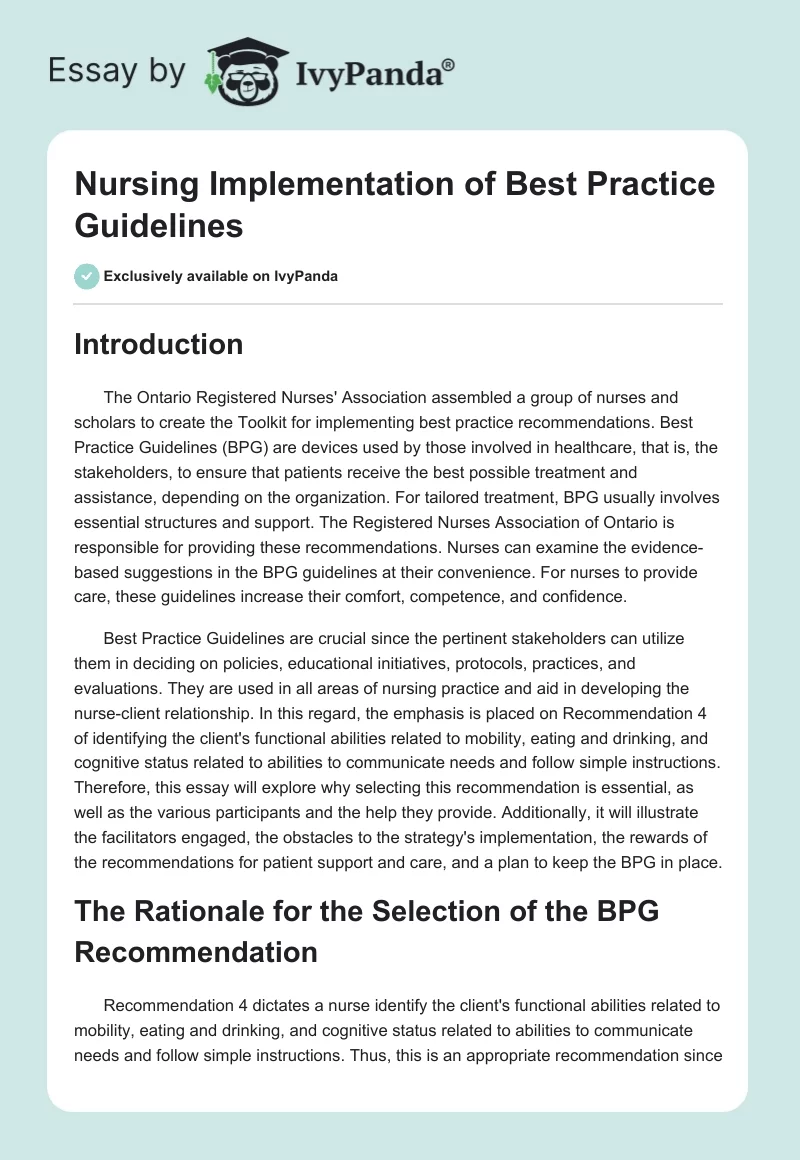Nursing Implementation of Best Practice Guidelines. Page 1