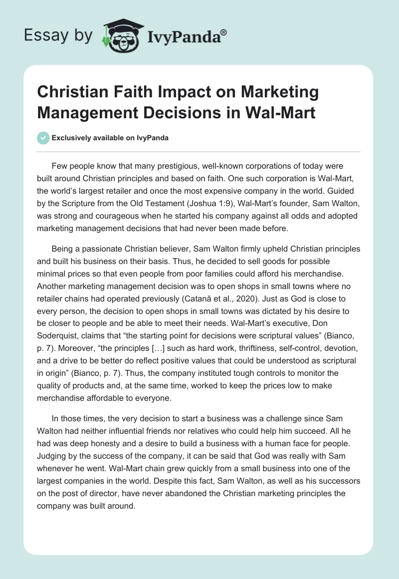 Christian Faith Impact on Marketing Management Decisions in Wal-Mart. Page 1