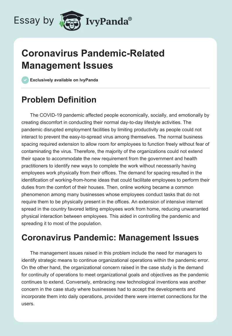 Coronavirus Pandemic-Related Management Issues. Page 1