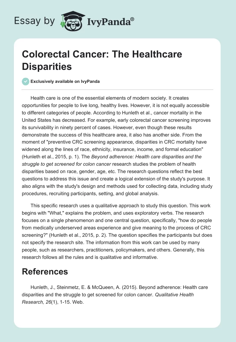 Colorectal Cancer: The Healthcare Disparities. Page 1