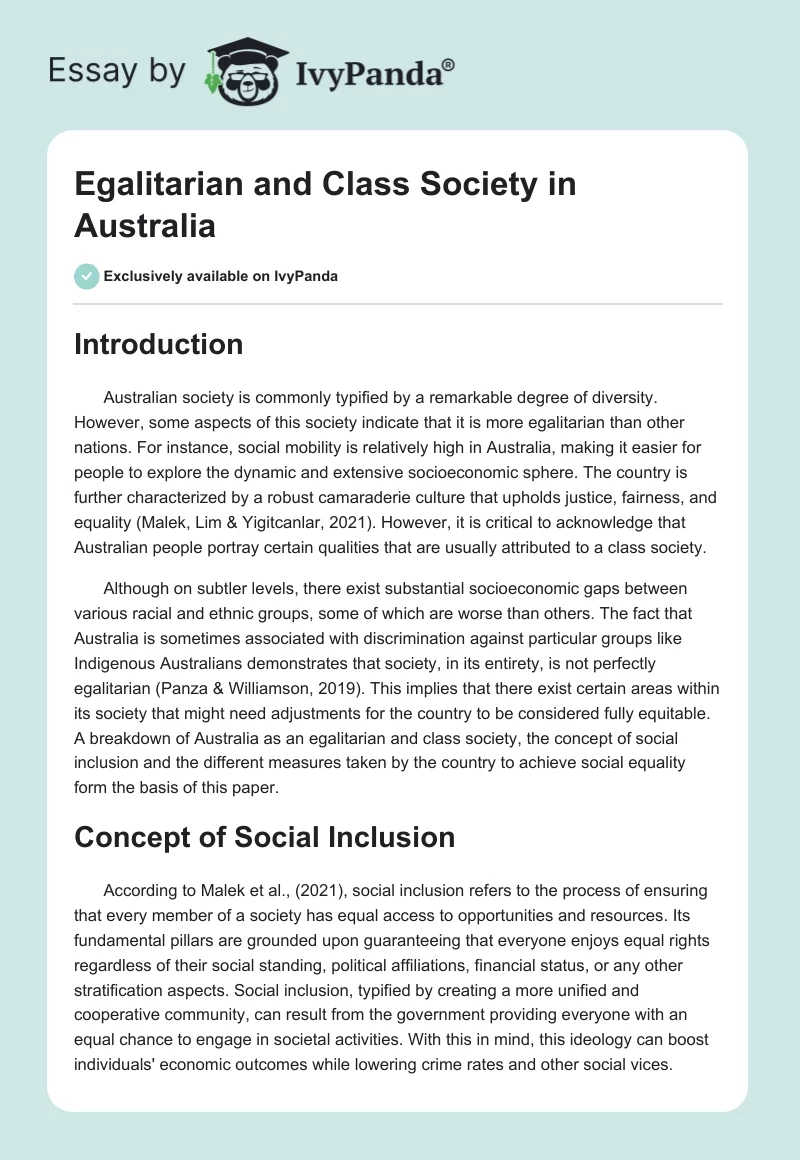 Egalitarian and Class Society in Australia. Page 1