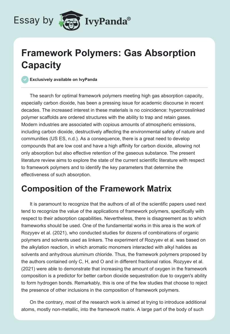 Framework Polymers: Gas Absorption Capacity. Page 1