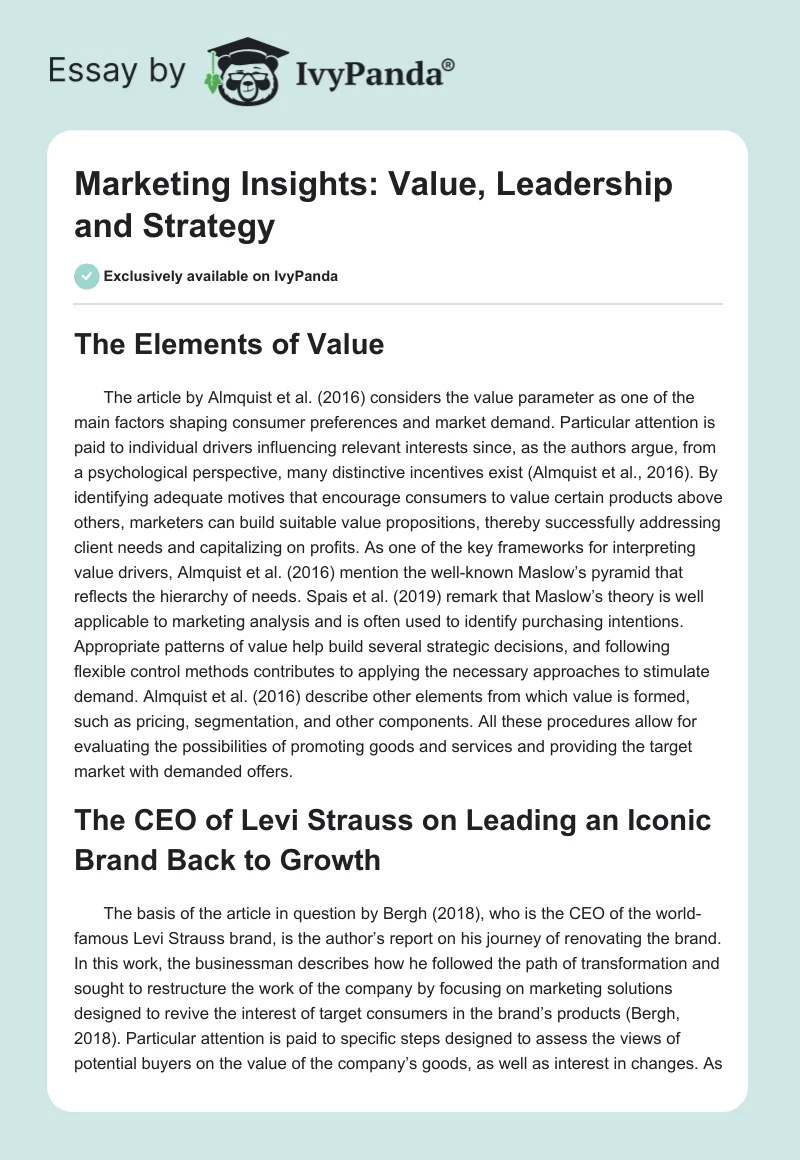 Marketing Insights: Value, Leadership and Strategy. Page 1