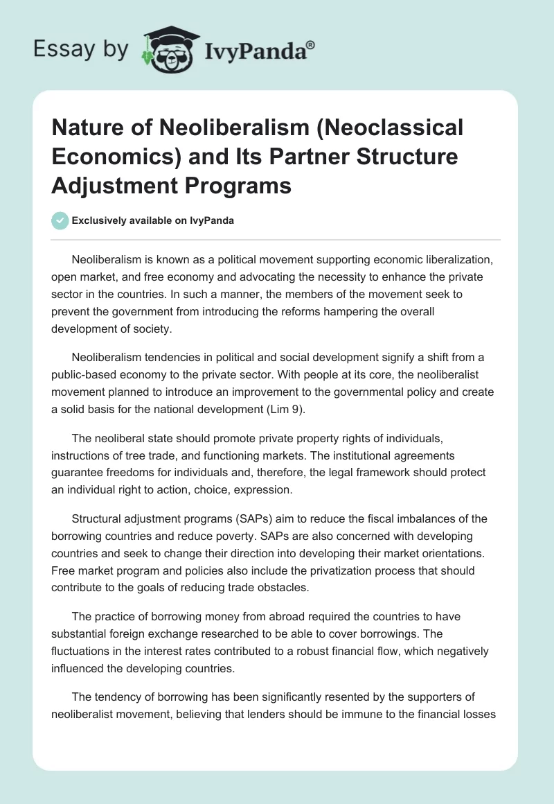 Nature of Neoliberalism (Neoclassical Economics) and Its Partner Structure Adjustment Programs. Page 1