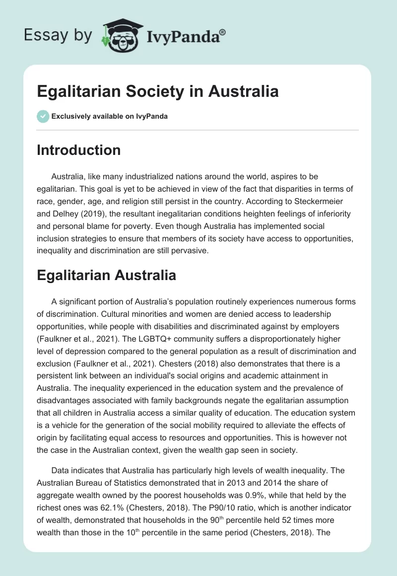 Egalitarian Society in Australia. Page 1