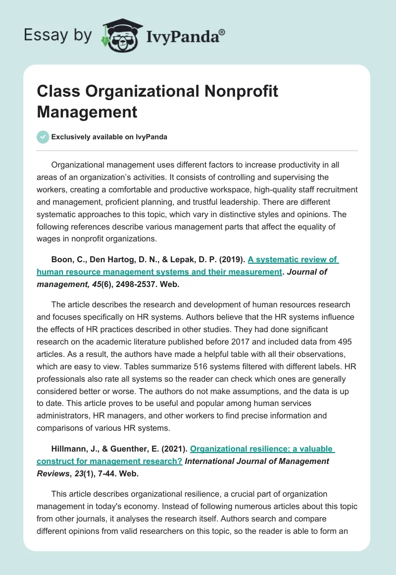 Class Organizational Nonprofit Management. Page 1
