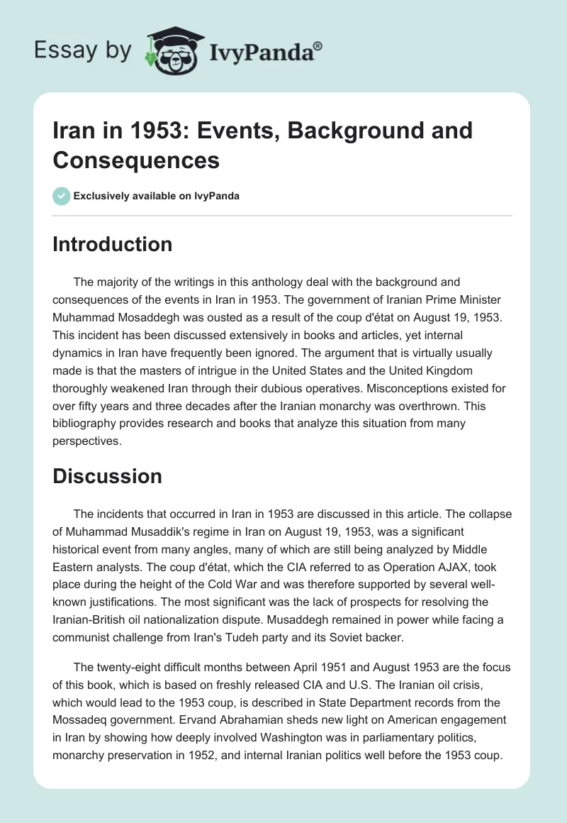 Iran in 1953: Events, Background and Consequences. Page 1
