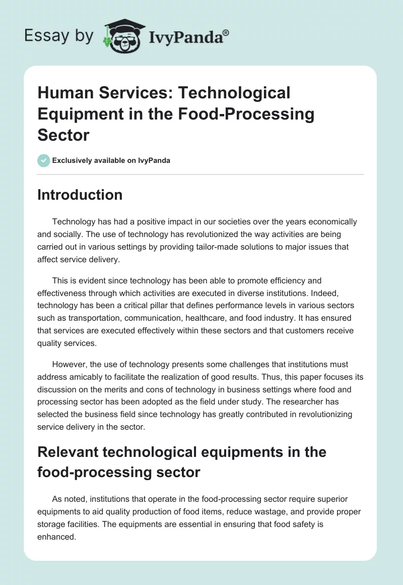 Human Services: Technological Equipment in the Food-Processing Sector. Page 1