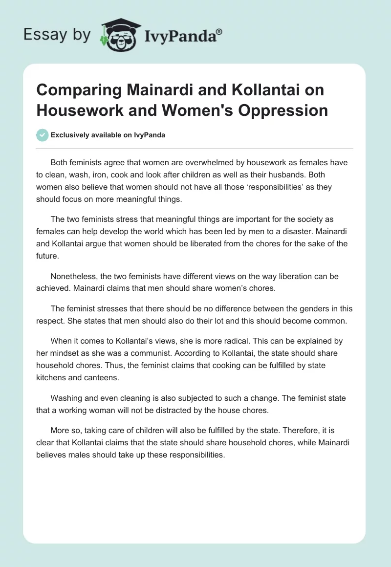 Comparing Mainardi and Kollantai on Housework and Women's Oppression. Page 1