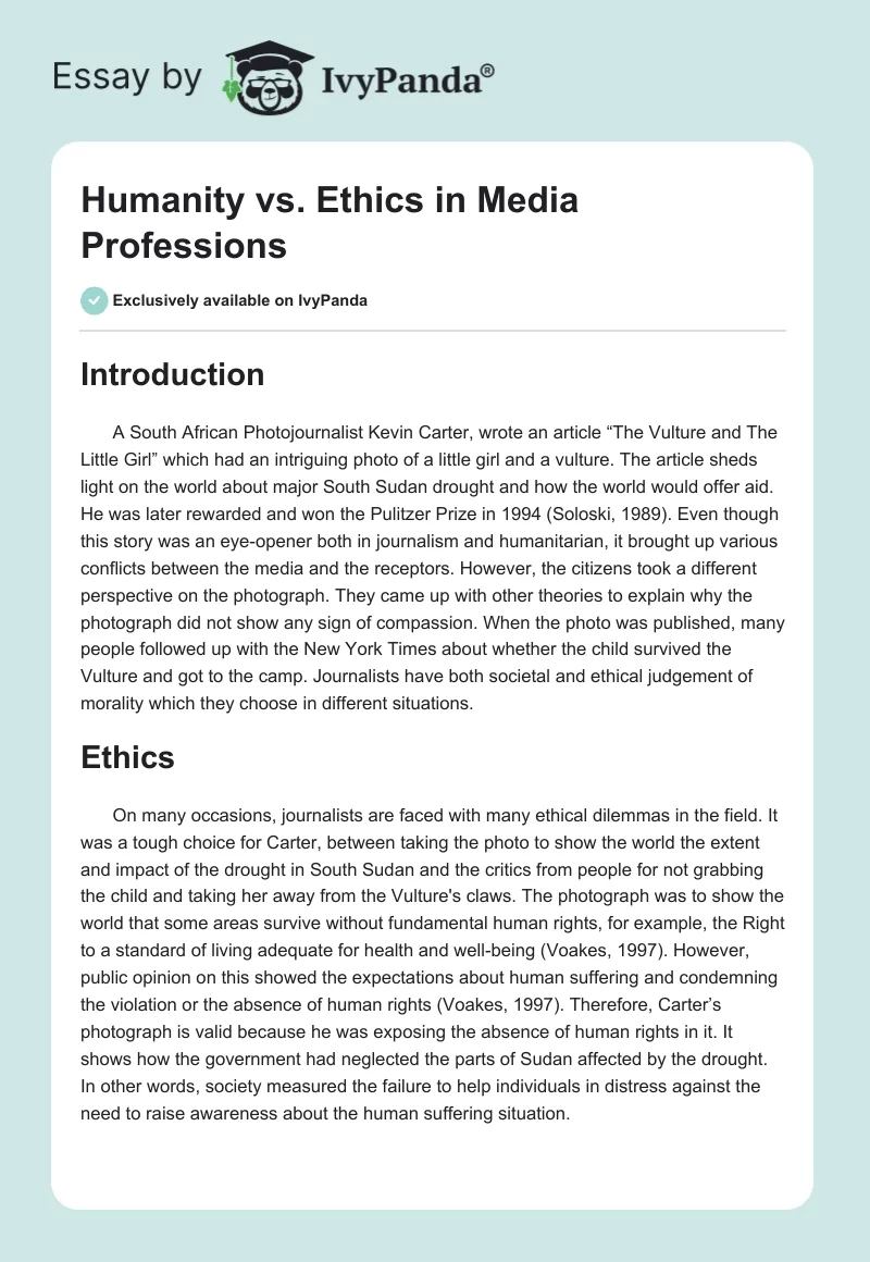 Humanity vs. Ethics in Media Professions. Page 1