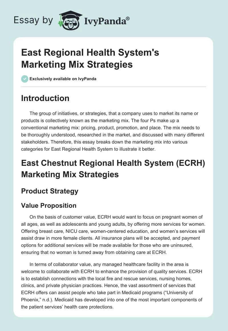 East Regional Health System's Marketing Mix Strategies. Page 1