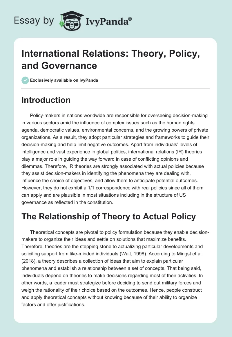 International Relations: Theory, Policy, and Governance. Page 1