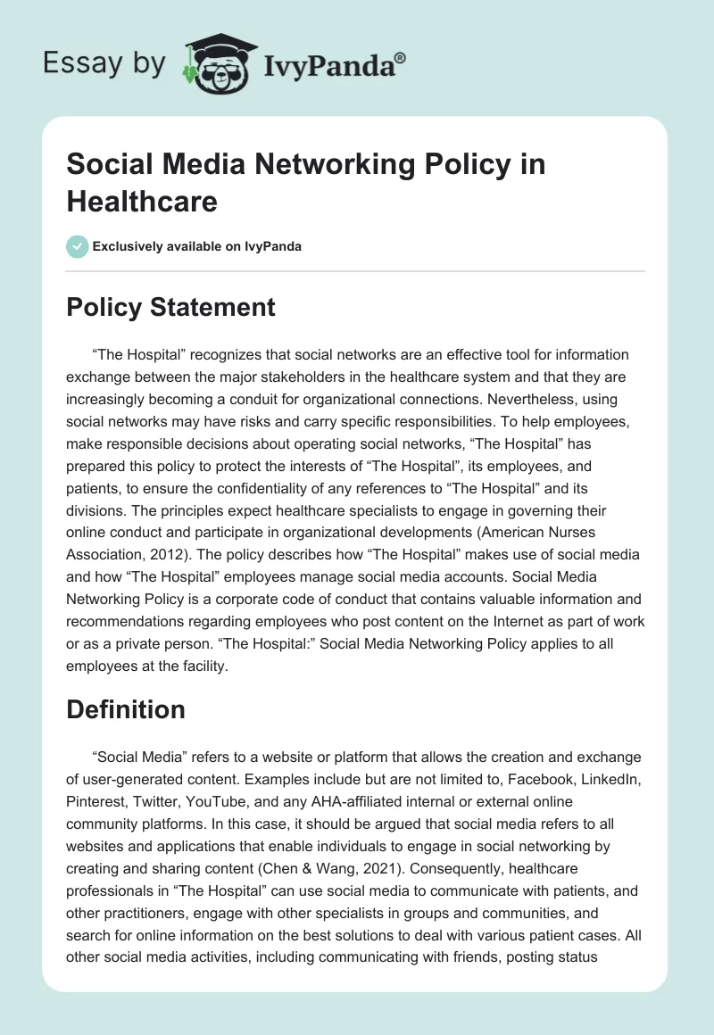 Social Media Networking Policy in Healthcare. Page 1