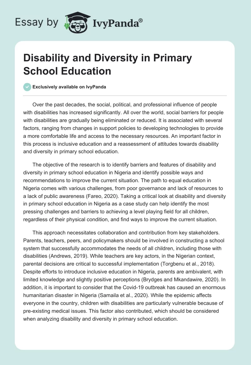 Disability and Diversity in Primary School Education. Page 1