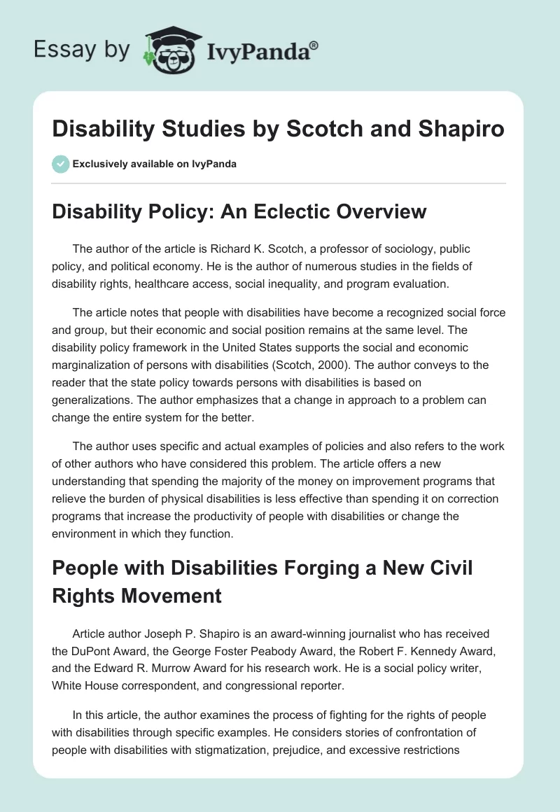 Disability Studies by Scotch and Shapiro. Page 1