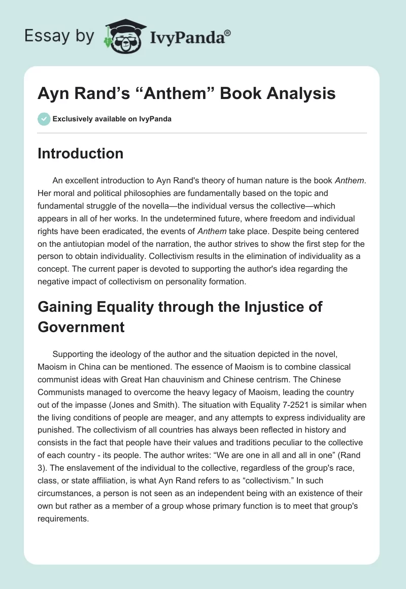 Ayn Rand’s “Anthem” Book Analysis. Page 1