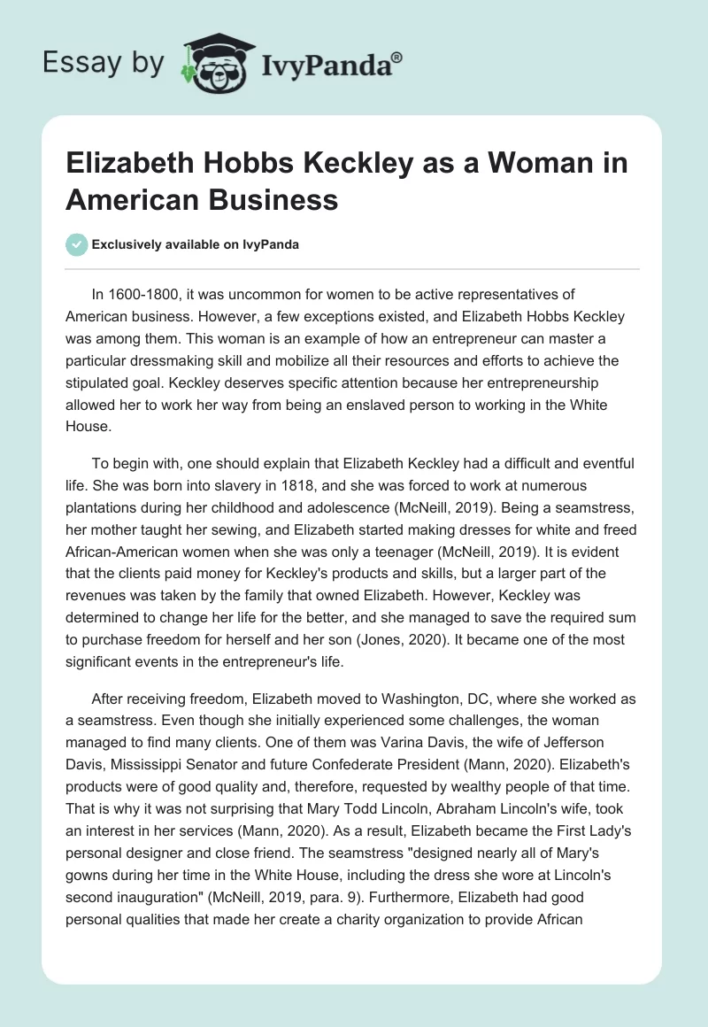 Elizabeth Hobbs Keckley as a Woman in American Business. Page 1