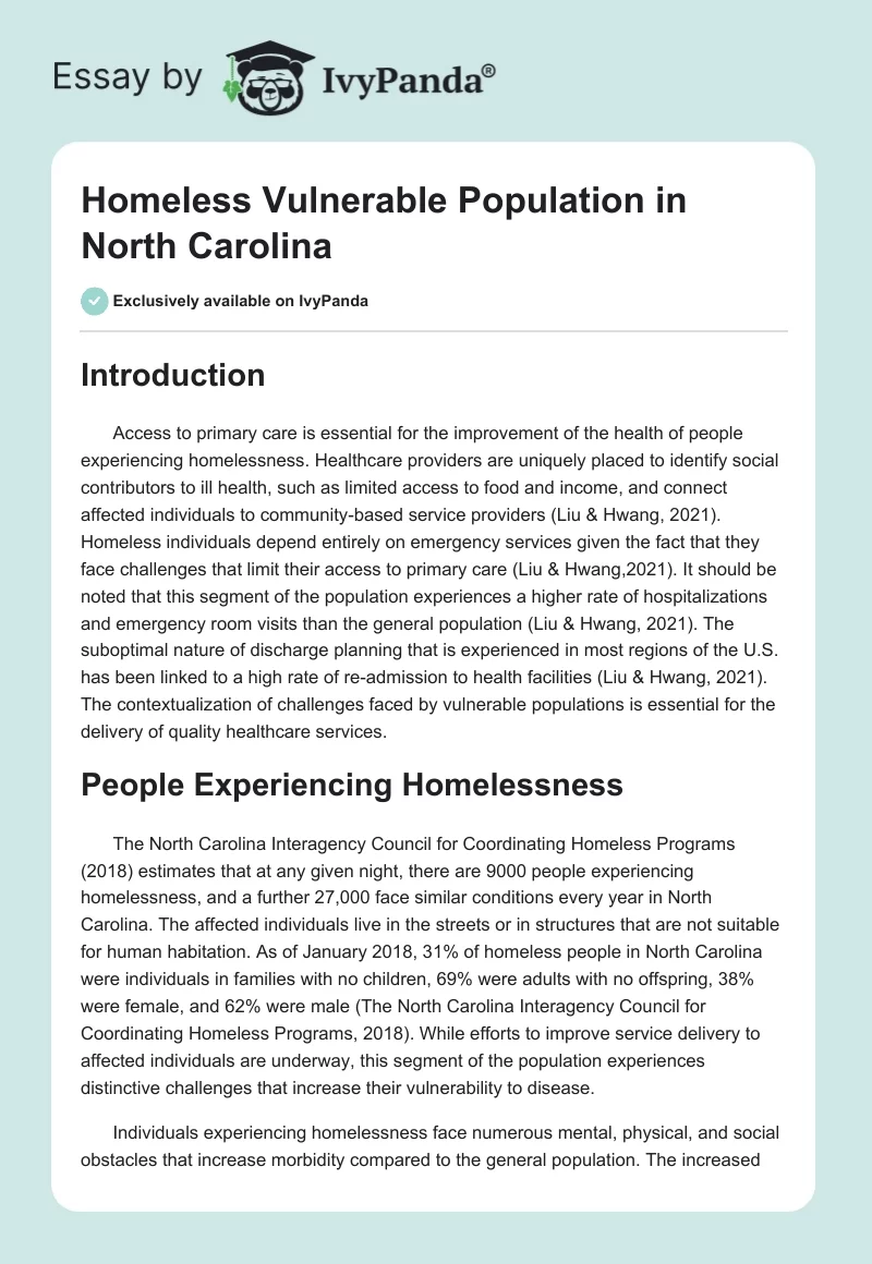 Homeless Vulnerable Population in North Carolina. Page 1
