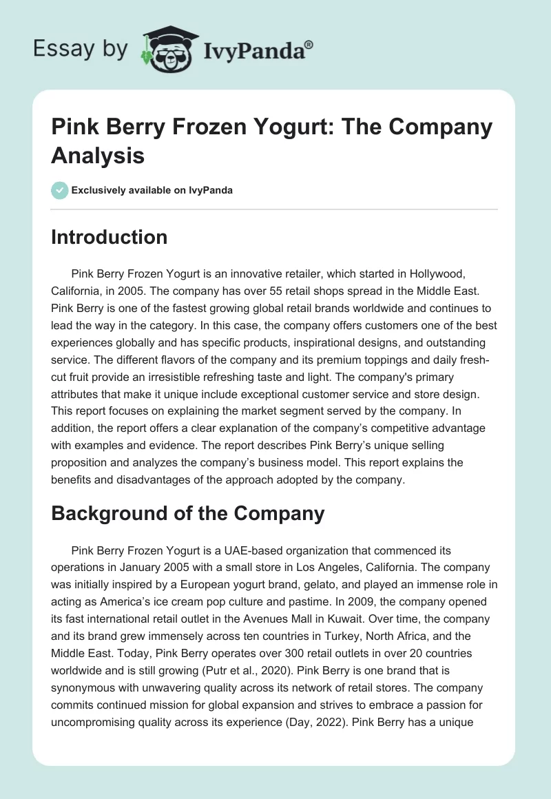 Pink Berry Frozen Yogurt: The Company Analysis. Page 1
