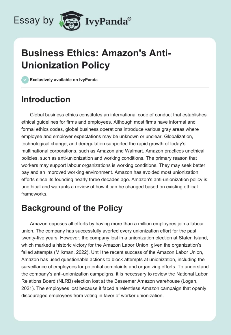 Business Ethics: Amazon's Anti-Unionization Policy. Page 1