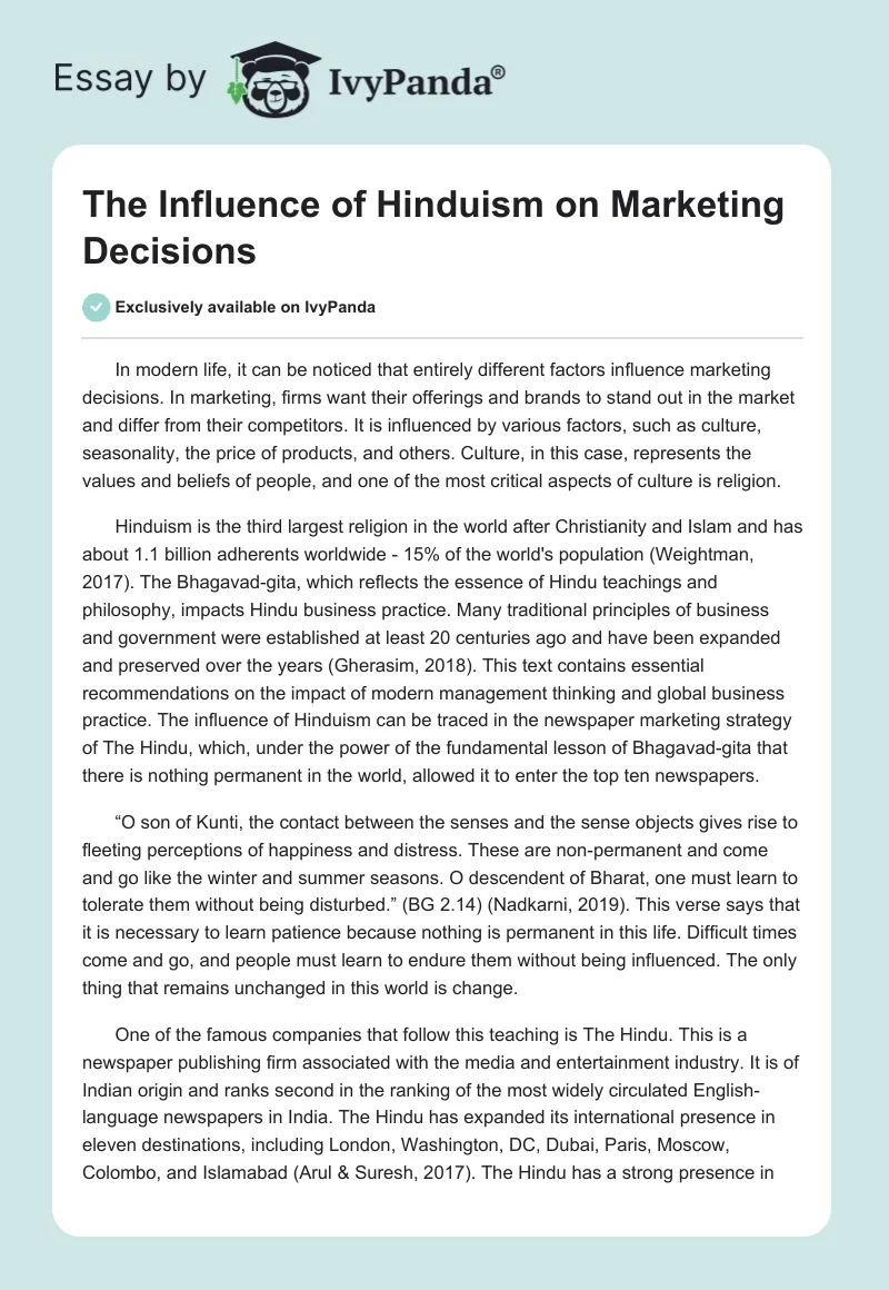 The Influence of Hinduism on Marketing Decisions. Page 1
