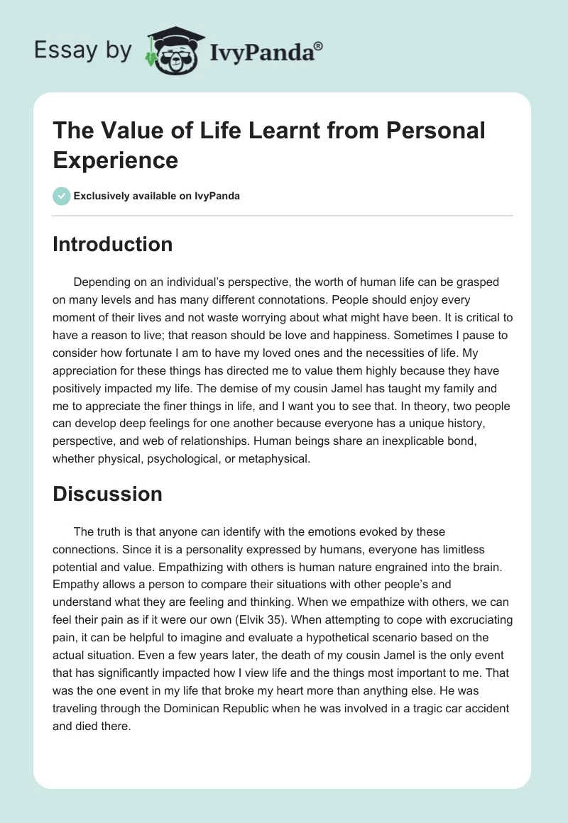 The Value of Life Learnt from Personal Experience. Page 1