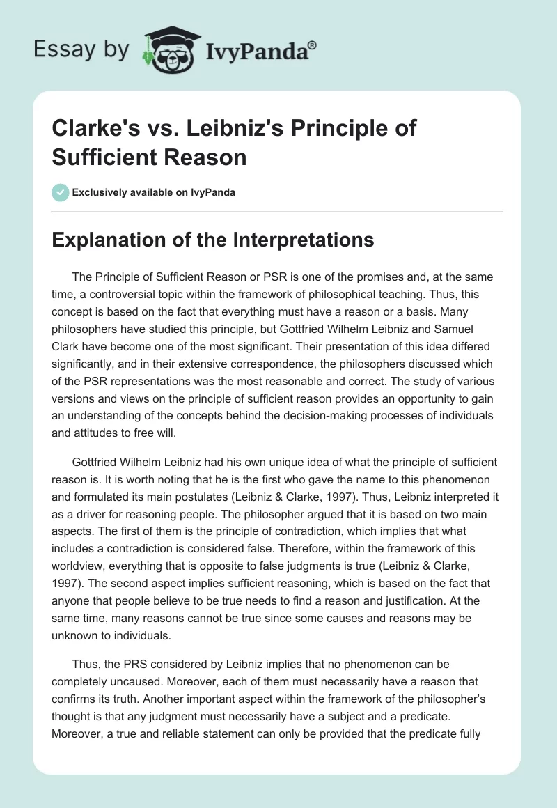 Clarke's vs. Leibniz's Principle of Sufficient Reason. Page 1