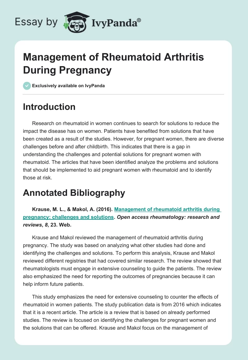 Management of Rheumatoid Arthritis During Pregnancy. Page 1