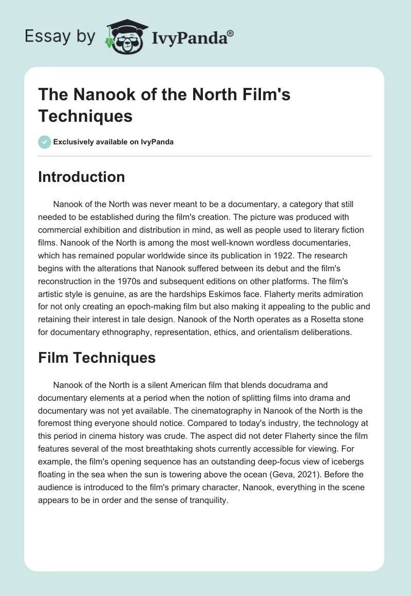 The Nanook of the North Film's Techniques. Page 1