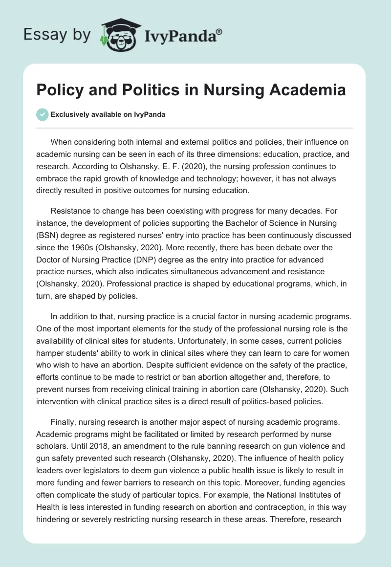 Policy and Politics in Nursing Academia. Page 1