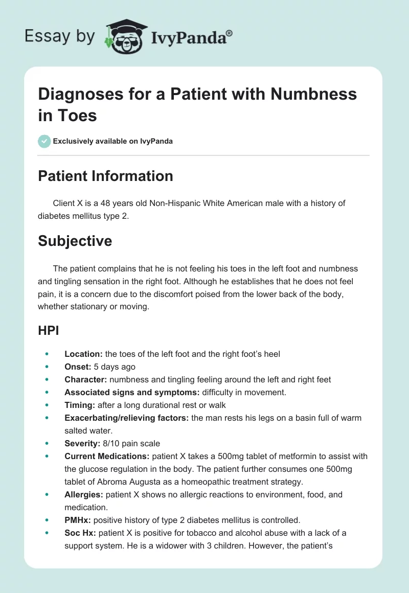 Diagnoses for a Patient with Numbness in Toes. Page 1