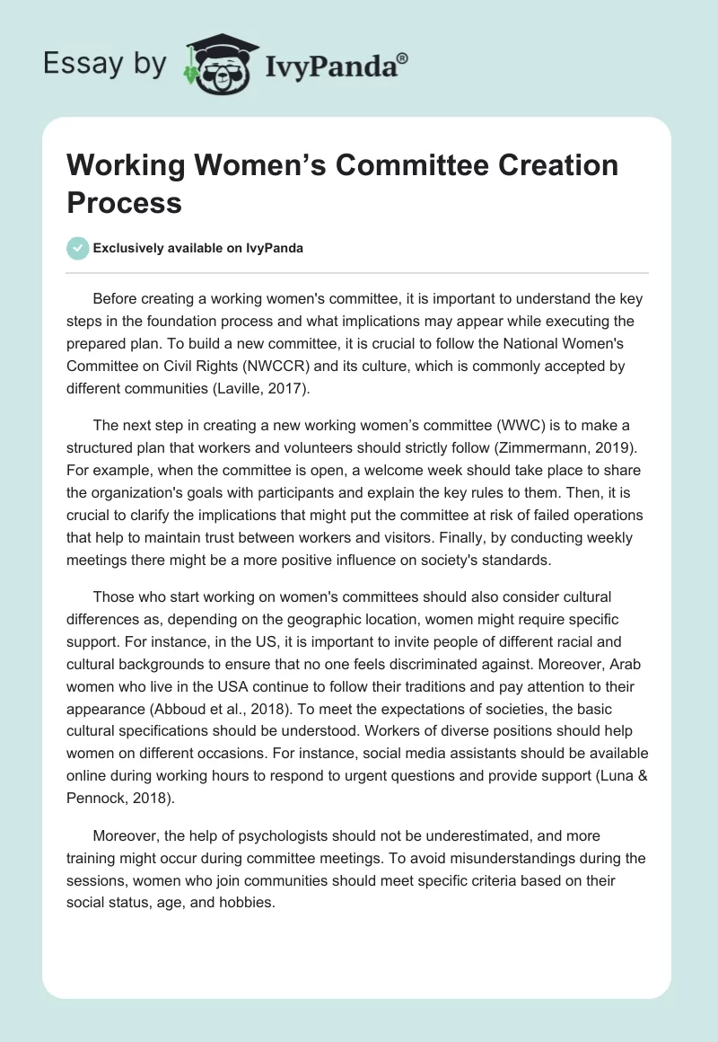 Working Women’s Committee Creation Process. Page 1