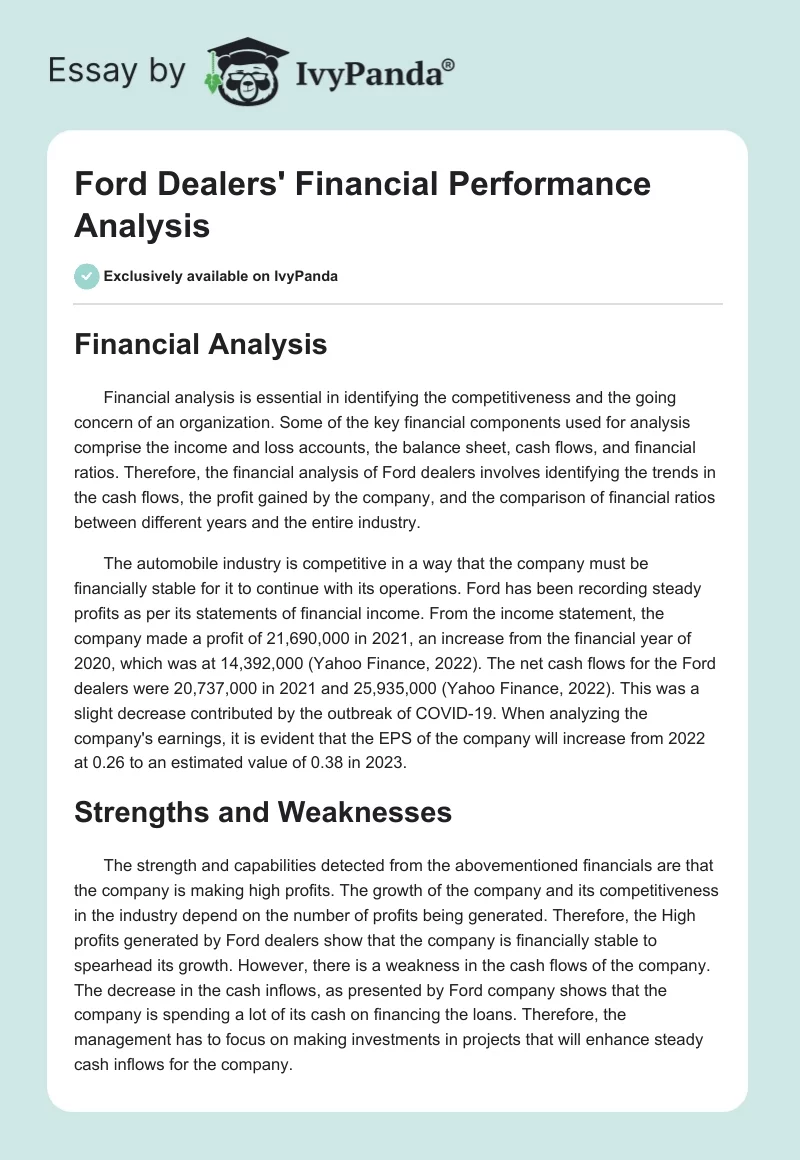 Ford Dealers' Financial Performance Analysis. Page 1