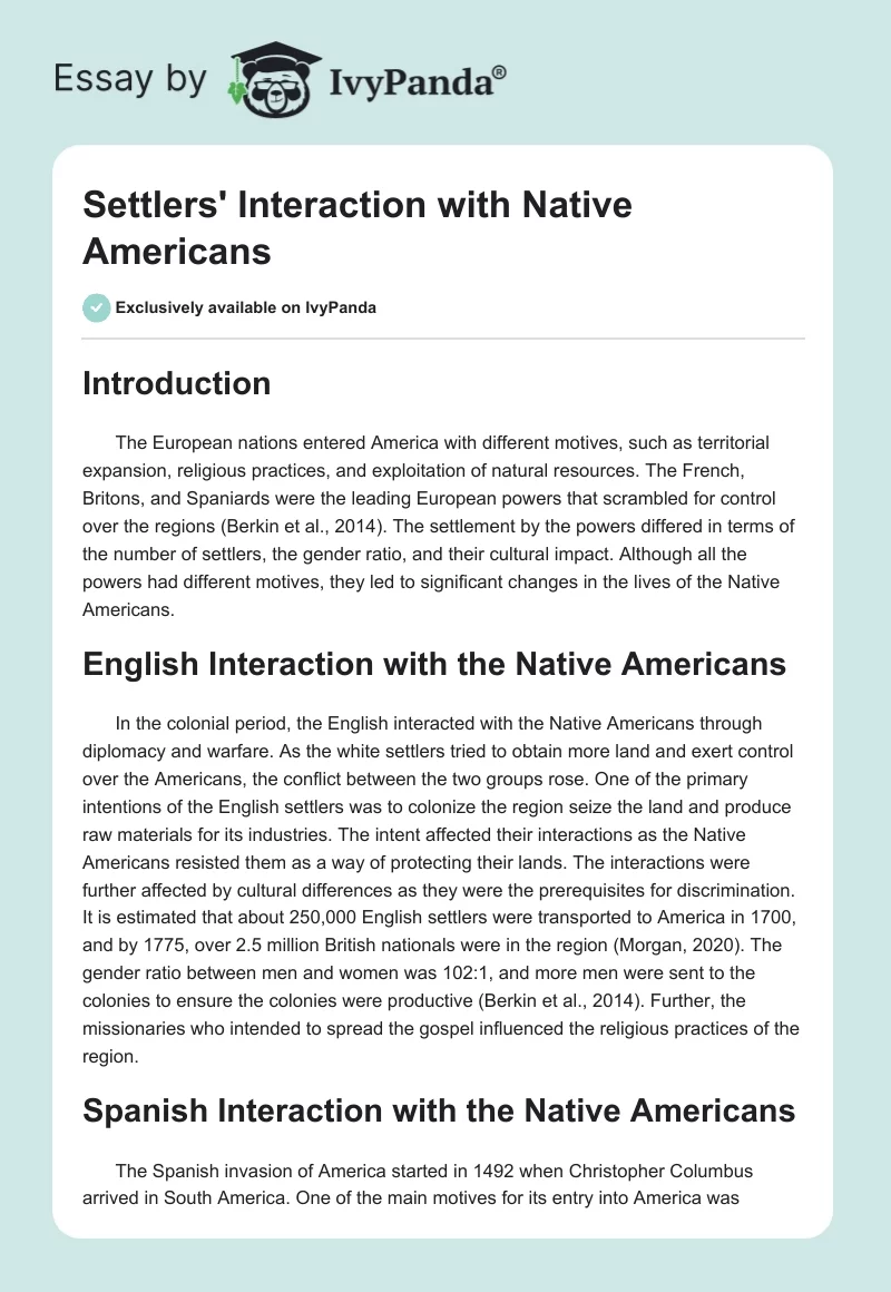 Settlers' Interaction with Native Americans. Page 1