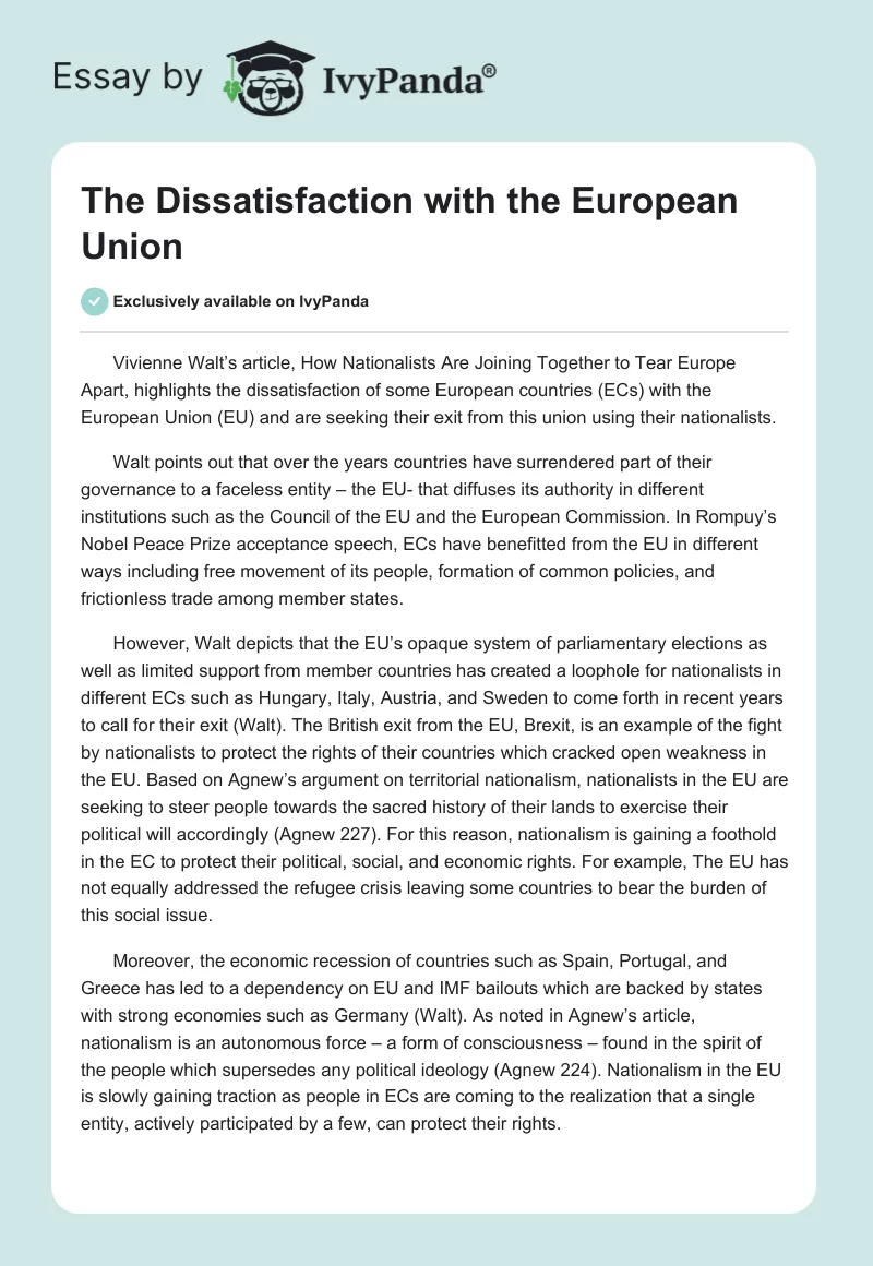 The Dissatisfaction with the European Union. Page 1