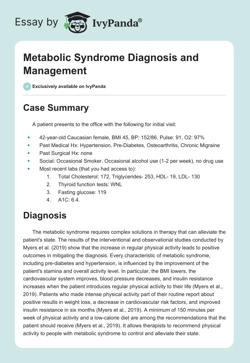 Metabolic Syndrome Diagnosis and Management. Page 1