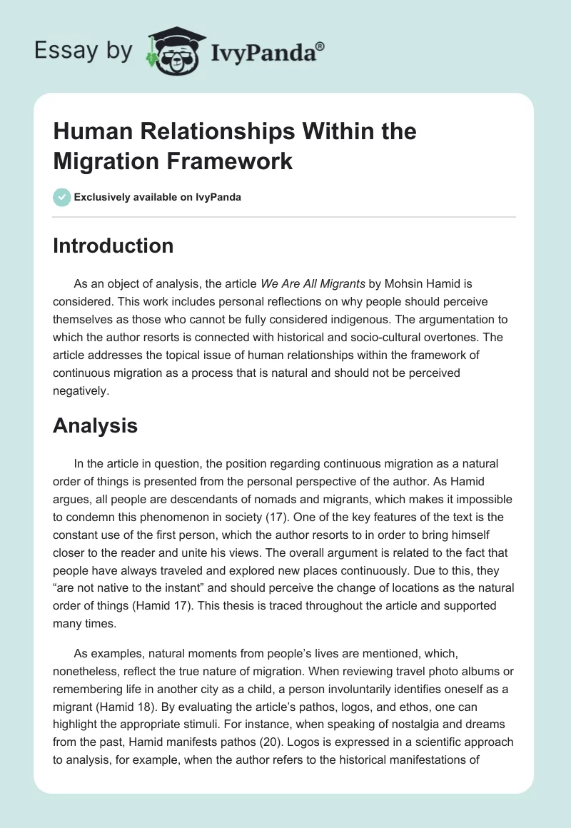 Human Relationships Within the Migration Framework. Page 1