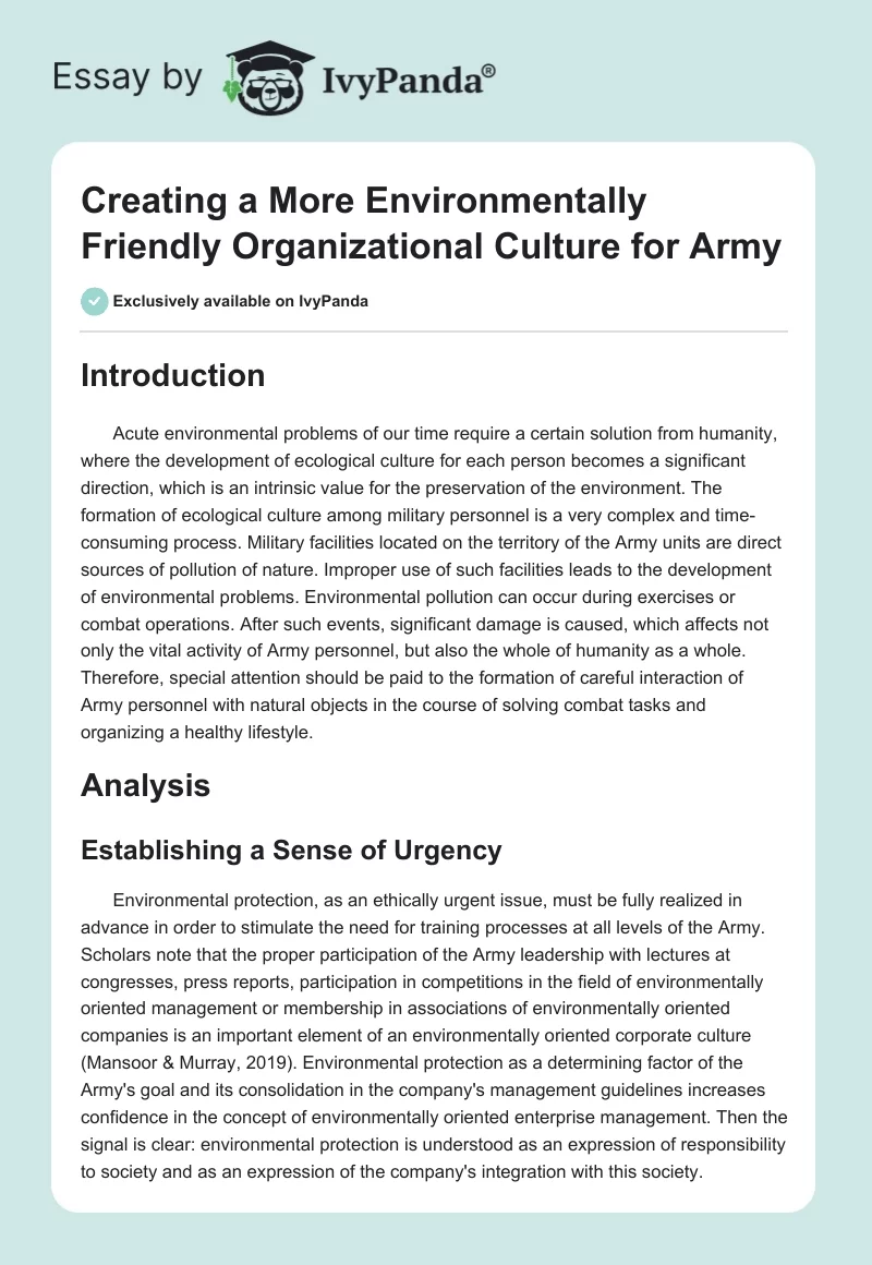 Creating a More Environmentally Friendly Organizational Culture for Army. Page 1