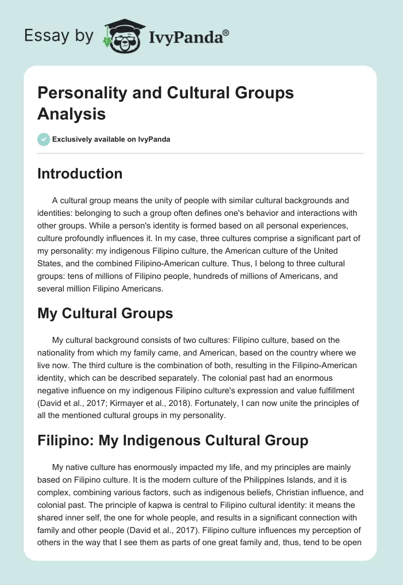 Personality and Cultural Groups Analysis. Page 1